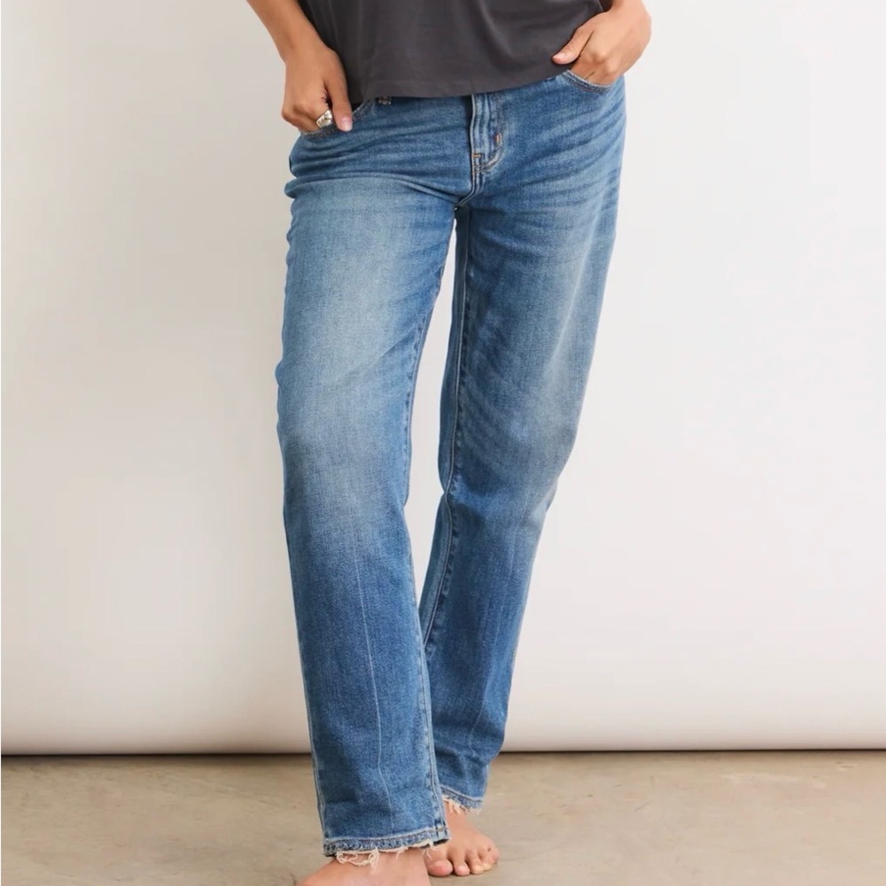 Hatch Women's Straight Leg Jeans in Light Wash Blue